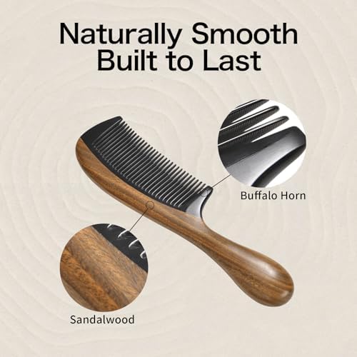 Onedor Handmade Buffalo Horn and Sandalwood Hair Combs - Anti-Static Natural Scent Wooden Detangler (Fine Tooth)