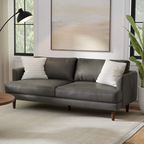 SIMPLIHOME Livingston 76-inch Wide Sofa in Coal Top Grain Genuine Leather, Handcrafted Mid-Century Modern Loveseat for Living Room, Compact 2-Seater with Feather-Wrapped Cushions and Solid Wood Frame