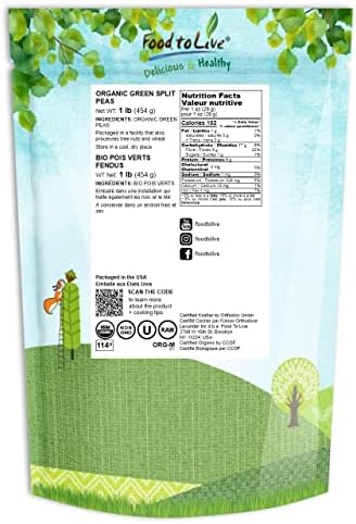 Food to Live Organic Green Split Peas, 1 Pound Non-GMO, Dried, Vegan, Kosher, Bulk. Easy to Cook. Great Source of Protein, Fiber, Essential Minerals for Pea Soup, Stews, Salads. Product of Canada.