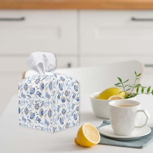Tissue Box Cover - Blue Print PU Leather Tissue Holder Square Tissue Cube Box - Organizer for Night Stands, Vanity Countertop, Car, Spring Decorations for Home Office Tabletop Supplies & Decor - A01