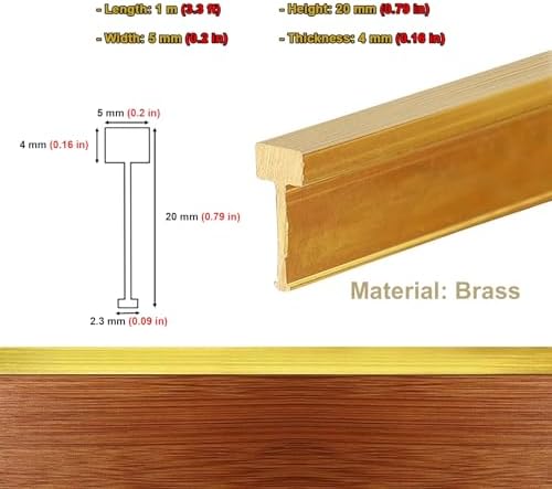 CMYUN Flat T-Shaped Brass Threshold Strip Gold, Extra Narrow Doorway Transition Strips Wood to Tile, Stair Wall Edging Trim Transition Bar, Joins Floor Gap(5x20mm(0.2x0.79 in))