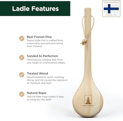 Northwood Sauna - Sauna Ladle - Handmade from Finnish Pine Wood - Natural Rope - 14″ Handle & 3.4 oz (100 mL) Capacity Spoon