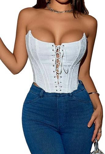 Black Corset Tops for Women Strapless Backless Lace-Up Bustier Crop Tank Top Sleeveless Sexy Summer Going Out Top Y2K
