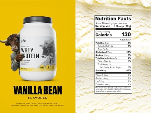 Levels Grass Fed Whey Protein Powder, No Artificials, 24G of Protein, Vanilla Bean, 2LB