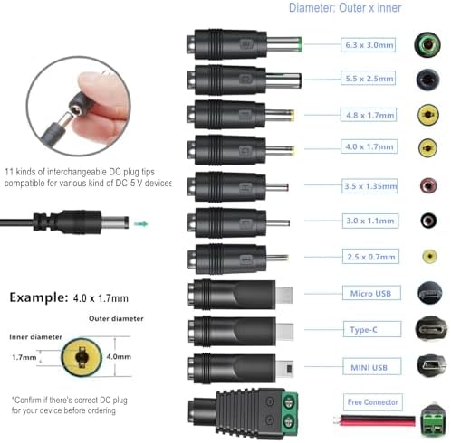 Universal 5V 2A ac Adapter Power Supply with 11 DC Plug Tips AC to DC5V 1.5A 1A 800mA 600mA 500mA 400mA 300mA 200mA 100mA Power Adapter 5v wall Charger ac dc Adapter (DC5V~2A)