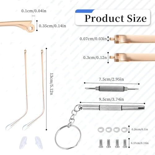 Glasses Arm Replacement Metal Gold Eyeglass Legs Replacement Single Teeth Thin Eyeglasses Repair Legs Sunglasses Arm with Transparent Tips Glasses Temple Eyewear Frame Temple Accessory