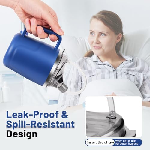 Adult Sippy Cup, 14oz Spill Proof Cup with Straw for Elderly, 3 in 1 Stainless Steel Sippy Cup with 2 Lids, No Spill Feeding Cups for Patient Disabled Maternity Drink Water Milk Soup - Blue