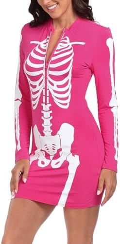HDE Women's Skeleton Dress Spooky Long Sleeve Bones Mini Dress Halloween Party Costume Fitted Stretchy Bodycon with Half Zip