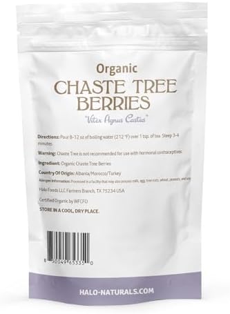 Halo Naturals Organic Chaste Tree Berries Whole Cut & Sifted, 1 Pound (Vitex agnus castus) USDA Certified | Resealable Pouch| Packaged in The USA