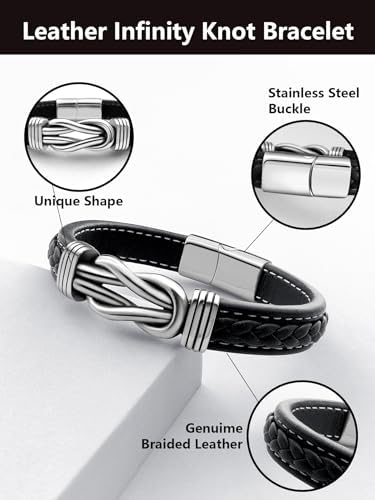Mens Black Braided Leather Bracelet, Green/Red/Brown/Black Braided Leather Infinity Knot Bracelets for Men with Stainless Steel Clasp, 7.5/8.5/9in Length