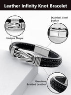 Mens Black Braided Leather Bracelet, Green/Red/Brown/Black Braided Leather Infinity Knot Bracelets for Men with Stainless Steel Clasp, 7.5/8.5/9in Length