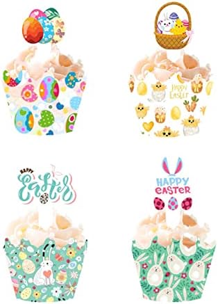 48 Pieces Easter Cupcake Toppers Bunny Cupcake Wrappers Kit for Easter Spring Party Decor Dessert Supplies
