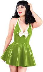 Womens Ladies Faux Leather Pleated Bow Mini Dress Sleeveless Backless PVC Dress A-line Sexy V Neck Clubwear Costumes,Grass Green,6XL