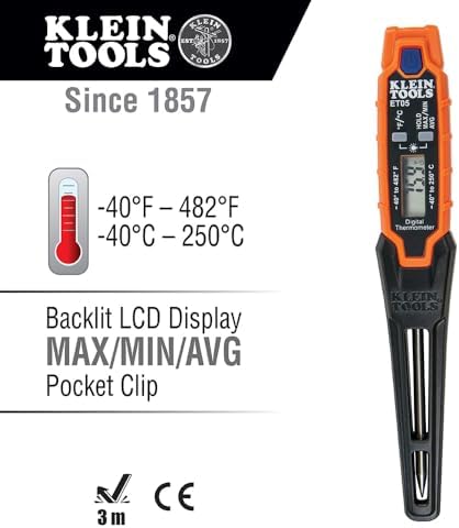 Klein Tools ET05 Digital Pocket Thermometer, HVAC Instant Read Thermometer with Backlit Display, Wide Measurement Range, Fahrenheit and Celsius