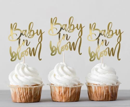 Gold Paper Baby in Bloom Cupcake Toppers,Baby Shower Cake Decoration for Pregnancy Announcement/Wecome Baby Party Supplies12pcs
