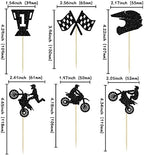 Ephlyn Motorcycle Cupcake Topper, 24 Pcs Black Glitter Decorations for Sports Motocross Theme Man Boy Birthday Party Cake