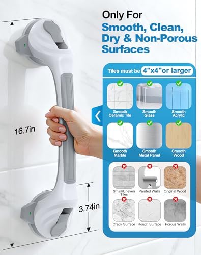 Grab Bars for Shower and Bathtubs, 16.7 Inch Shower Handle with Indicators, Shower Suction Grab Bar for Shower Chair Stool and Bathtubs, Safety Gifts for Seniors, Elderly & Handicap, 2 Pack