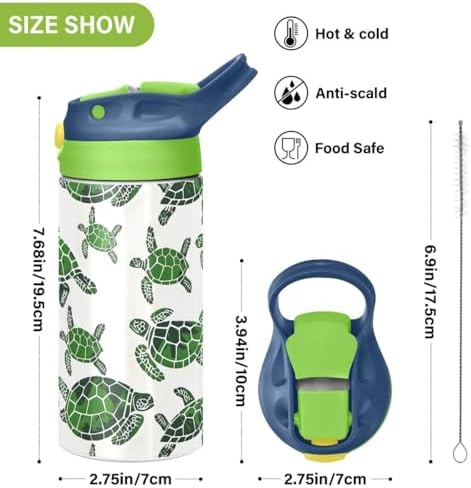 ALAZA Green Watercolor Turtle Kids Water Bottles Insulated Stainless Steel Tumbler Travel Cup Lids Straw Double Walled Leakproof 12 OZ for Boys Girls