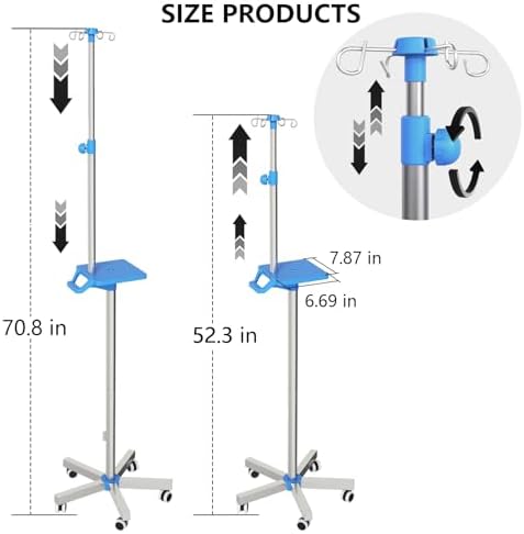 Rolling IV Pole with Tray - Stainless Steel 4 Hooks IV Stand with Wheels Height Adjustable for Clinic Home Care