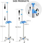 Rolling IV Pole with Tray - Stainless Steel 4 Hooks IV Stand with Wheels Height Adjustable for Clinic Home Care