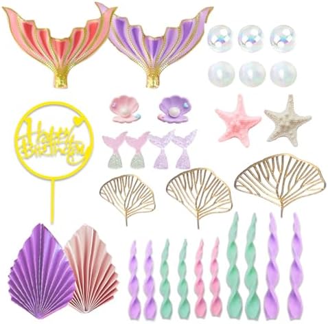 Mermaid Cake Topper Big Mermaid Tails Seaweed Bubbles Shells and Golden Ginkgo Leaves Cake Set for Mermaid Under the sea Cake Decor