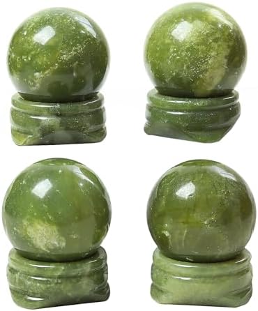 Natural Green Jade Ball with Stone Stand, Healing Crystal Sphere for Home Fengshui Yoga Meditation, Reiki Energy Balancing 1.18”(30mm)