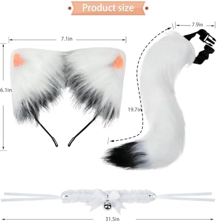Cat Ears and Tail,Wolf Fox Ears Long Tail and Bell Lace Choker Set for Halloween,Animal Cosplay Party Costume