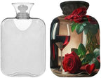 Valentine's Day Red Wine Rose Hot Water Bottle with Soft Cover Feet Warmer with Soft Cover Hot Water Bag for Menstrual Cramps, 1L