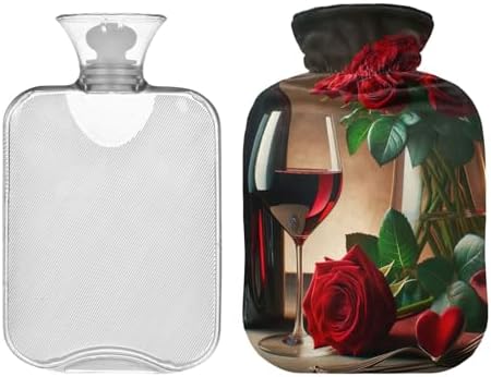 Valentine's Day Red Wine Rose Hot Water Bottles Hot or Cold Water Bottle with Soft Cover Hot Water Bag for Neck, Shoulder and Menstrual Cramps, 2L