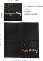 WRAPAHOLIC 25Pcs Dot Birthday Cocktail Napkins - 3-Ply Black Gold Foil Happy Birthday Lettering and Dot Disposable Paper Napkins for Baby Shower Party Tableware Party Supplies - 5 x 5 In