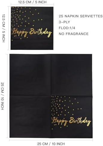 WRAPAHOLIC 25Pcs Dot Birthday Cocktail Napkins - 3-Ply Black Gold Foil Happy Birthday Lettering and Dot Disposable Paper Napkins for Baby Shower Party Tableware Party Supplies - 5 x 5 In