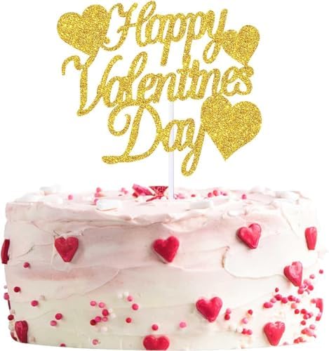 Happy Valentine's Day Cake Toppers 20Pcs Glitter Heart Cupcake Topper for Valentine's Day Wedding Anniversary Birthday Party Cake Decoration, Gold