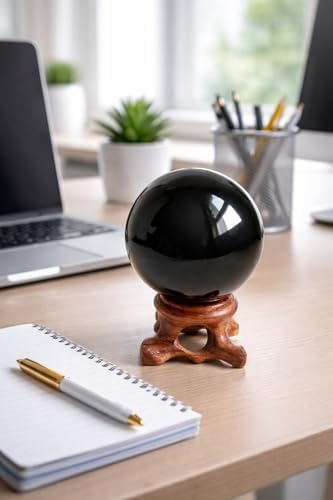 Mina Heal Obsidian Sphere for Meditation, Fortune Telling, and Feng Shui – Large Black Crystal Ball with Stand