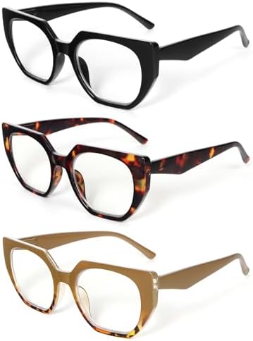 MMOWW 3 Pack Oversized Cateye Reading Glasses for Women Fashion Blue Light Blocking Readers with Spring Hinges