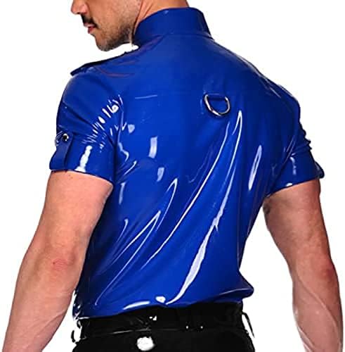 Latex Shirt with Buttons On The Front, Turn-Down Collar, Short Sleeves, D-Rings, Rubber Top Clothing,Blue,L