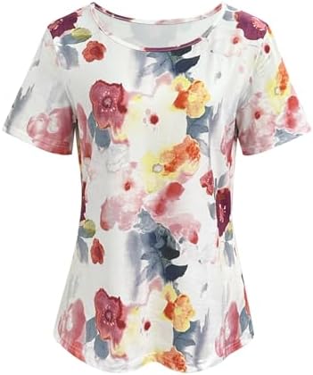 Women's Casual Short Sleeve Shirts Crew Neck Vintage Print Pullover Top Summer Fashion Outfits Clothes
