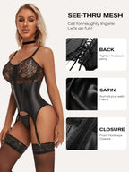 Women's Sexy Lace Lingerie Set with Garter Belt Bodysuit Teddy and Panty