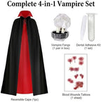 Vampire Costume for Men and Women, Red Black Cape with Fangs and Tattoo Stickers, Dracula Halloween Cosplay