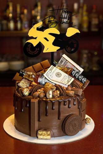 Acrylic Motorcycle Cake Topper Scooter Happy Birthday Cake Decorations for Men and Boys Motorcycle Racing Themed Party Supplies (Gold and Black)