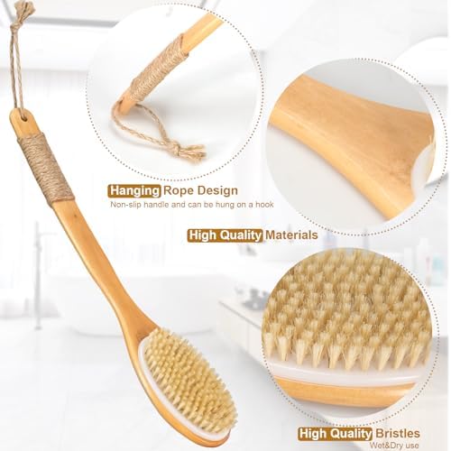 16.5 Inches Back Scrubber for Shower with Curved Long Handle,Wet&Dry Brushing Body Brush,Natural Bristles,Back Scrubber Bath Tool for Men & Women