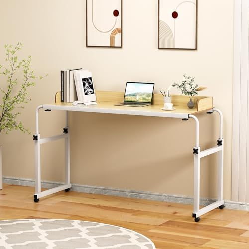 Overbed Table with Wheels,Queen Size Mobile Bed Desk,Height Adjustable Overbed Table,Standing Workstation Laptop Cart,Rolling Over-The-Bed Laptop Desk with Raised Baffle for Home Office WHI