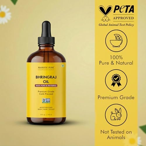 Majestic Pure Bhringraj Premium Carrier Oil 4oz (118ml) With Dropper for Hair Oiling, Scalp Massage & Skin Care