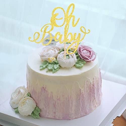 Rsstarxi 1 Pack Oh Baby Cake Topper Gold Glitter Babyshower Cake Pick Decorations for Baby Baptism Gender Reveal Kids Birthday Party Supplies