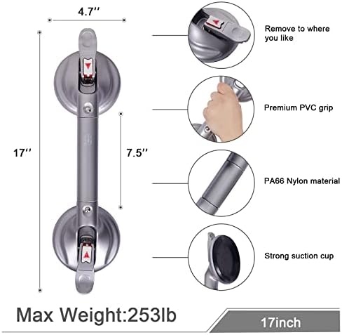17inch Suction Shower Grab Bar, Portable Shower Handle Bar Suction Grip Bar Bathtub Handle with Strong Hold Suction Cup Fitting and Rapid Release for Bathroom(Max Capacity :300lb