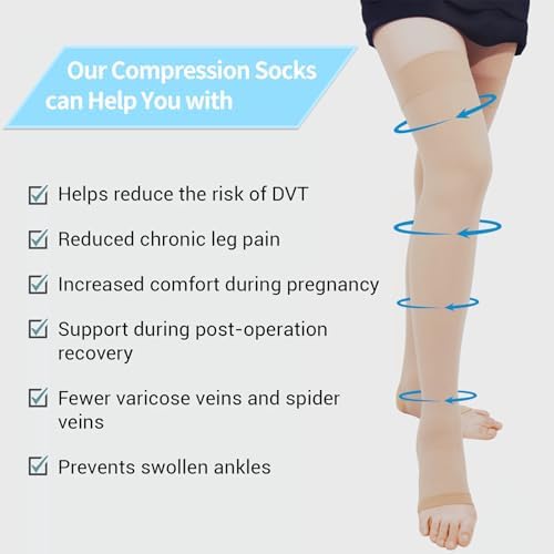 Compression Socks for Women and Men, 23-32 mmHg , Open Toe, Thigh High Length Compression Stockings for Varicose Veins, DVT, Edema, Running, Nursing