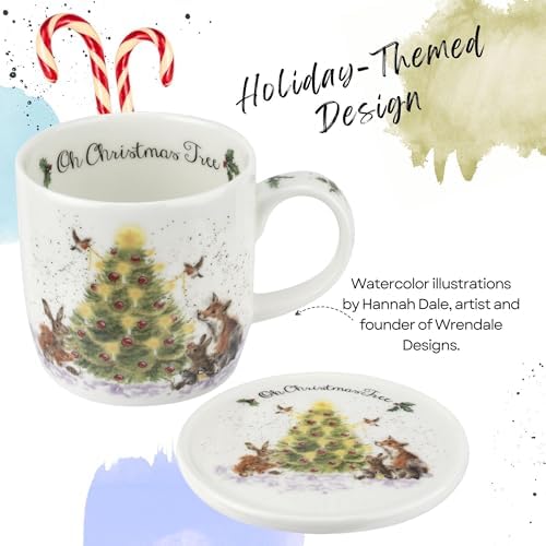 Royal Worcester Oh Christmas Tree Mug & Coaster Set - 11 oz Fine Bone China Holiday Mug Set with Woodland Creatures - Wrendale Designs Christmas Coffee Mugs, Microwave & Dishwasher Safe