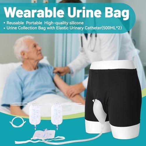 Wearable Urine Bag Incontinence Pants for Men, Reusable Portable Urine Collection Bag with Urinary Catheter, Leak Proof Leg Pee Bag with Elastic Waistband for Men Elderly Bedridden, Black (XL)