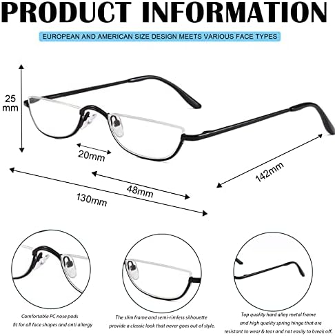 Viseng Half Frame Reading Glasses for Women Men Slim Half Moon Lens Readers Metal Semi Rimless eyewear Blue+Black+3.0