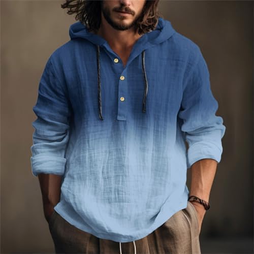Ymosrh Men's Long Sleeve Cotton Linen Henley Hoodie Shirts Casual Breathable Button, S-2XL