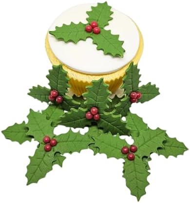 Edible Christmas Cake Cupcake Topper Decorations - Quality Handmade Sugar Paste Cake Decorations *HANDMADE IN THE UK * DELIVERY IN 6-7 DAYS (Holly x 12)